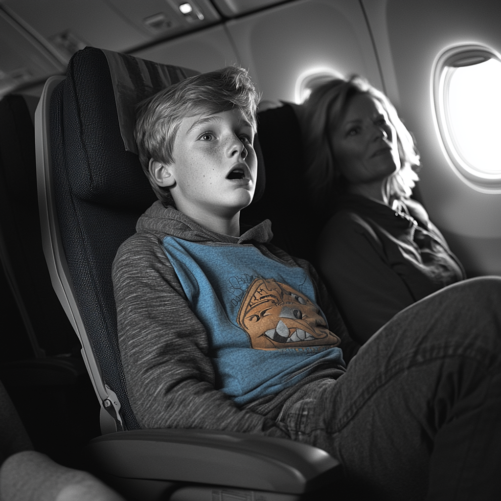 An uncomfortable boy squashed into his airplane seat | Source: Midjourney