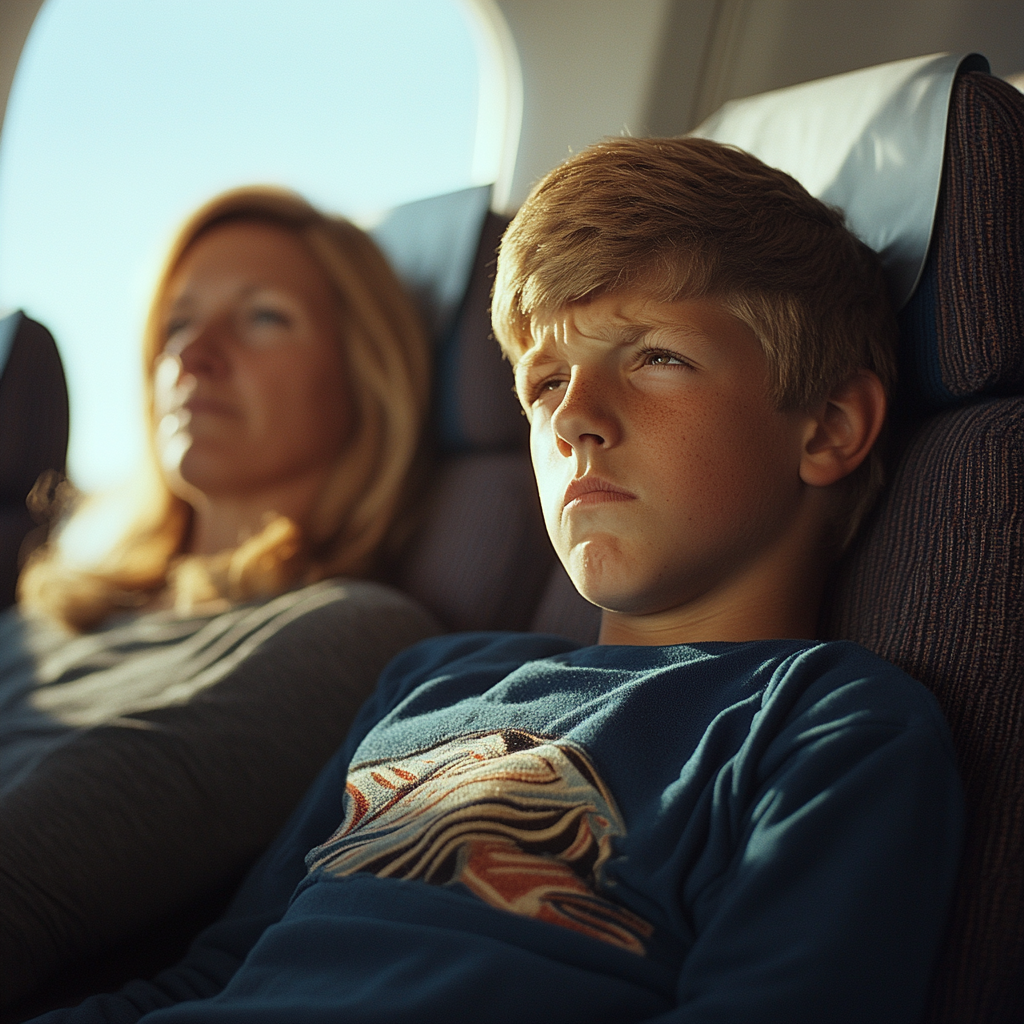 A frustrated teenager on an airplane | Source: Midjourney