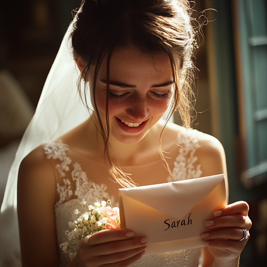 Sarah happy while holding an envelope with her name written on it | Source: Midjourney